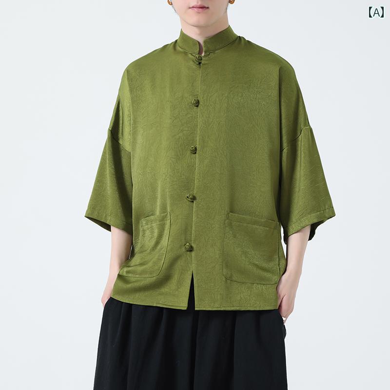 カンフー着 メンズ トップス かっこいい 中国 唐 チャイナ風 夏 薄手 涼しげ 半袖 シャツ 漢服