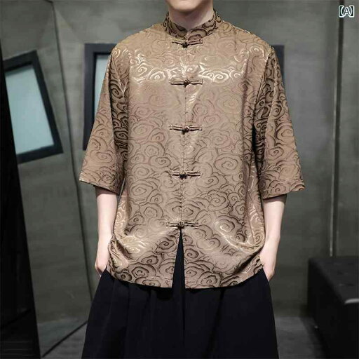 メンズ チャイナ風 ジャカード 唐 夏 薄手 涼しげ 半袖 シャツ 漢服 大きめサイズ トップス 装飾ボタン メンズ チャイナ風 ジャカード 唐 夏 薄手 涼しげ 半袖 シャツ 漢服 大きめサイズ トップス 装飾ボタン