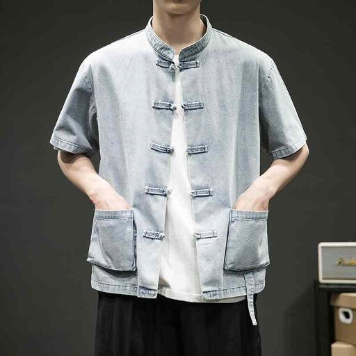 メンズ ファッション トップス カットソー シャツ レトロ チャイナ風 唐装 メンズ 漢服 カジュアル 半袖 デニム 夏 メンズ ファッション トップス カットソー シャツ レトロ チャイナ風 唐装 メンズ 漢服 カジュアル 半袖 デニム 夏