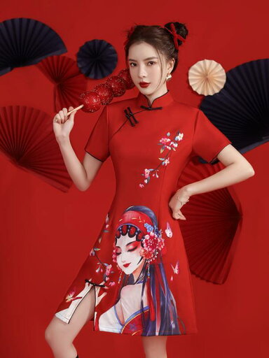 レディース 夏 中華風 ワンピース チャイナ ドレス 美しい エレガント 京劇 華丹 プリント スリム 日常 おしゃれ レディース 夏 中華風 ワンピース チャイナ ドレス 美しい エレガント 京劇 華丹 プリント スリム 日常 おしゃれ
