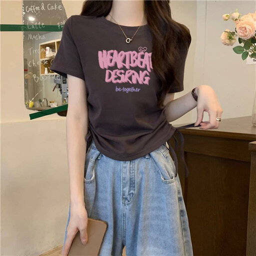 シャツ カジュアル レディース アメリカ プリント 半袖 Tシャツ 夏 シャーリング ウエスト ショート シック トップス ラウンドネック シャツ カジュアル レディース アメリカ プリント 半袖 Tシャツ 夏 シャーリング ウエスト ショート シック トップス ラウンドネック
