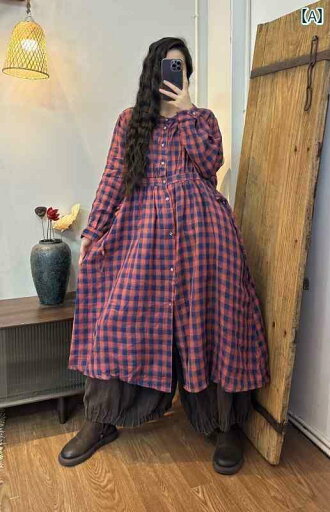 レディース ワンピース エスニック ドレス 古風 女性用 春先 染め リネンチェック柄 ラウンドネック シングルブレスト ウエストドローストリング レディース ワンピース エスニック ドレス 古風 女性用 春先 染め リネンチェック柄 ラウンドネック シングルブレスト ウエストドローストリング