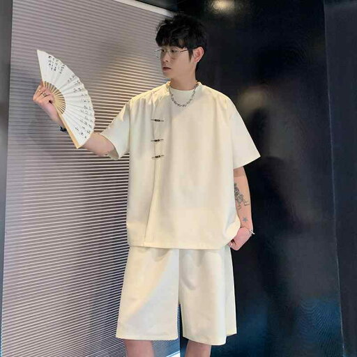 メンズ ファッション トップス シャツ スーツ セット ショート パンツ ズボン レトロ チャイナ風 唐装 メンズ 漢服 カジュアル 半袖 夏 メンズ ファッション トップス シャツ スーツ セット ショート パンツ ズボン レトロ チャイナ風 唐装 メンズ 漢服 カジュアル 半袖 夏
