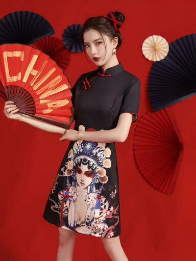 レディース 夏 中華風 ワンピース チャイナ ドレス 美しい エレガント 京劇 フェイシャル メイク プリント 薄手 日常 おしゃれ レディース 夏 中華風 ワンピース チャイナ ドレス 美しい エレガント 京劇 フェイシャル メイク プリント 薄手 日常 おしゃれ