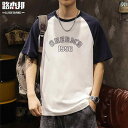 メンズ Tシャツ 半袖 アメリカン 夏 カジュアル プリント ラウンドネック 丸首 コットン 綿混紡 ホワイト ネイビーブルー ツートンカラー 2 ゆったり シ...