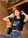 レディース 夏 トップス アメリカン スタイリッシュ ガール ブラック オフショルダー プリント 半袖 T シャツ サマー スリムフィット ラウンドネック ショート へそ