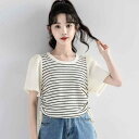 レディース ファッション トップス Tシャツ カットソー セーター フレンチ 巾着 プリーツ ストライプ 半袖 フェミニン レディース カジュアル 普段使い 夏 婦人服(4)