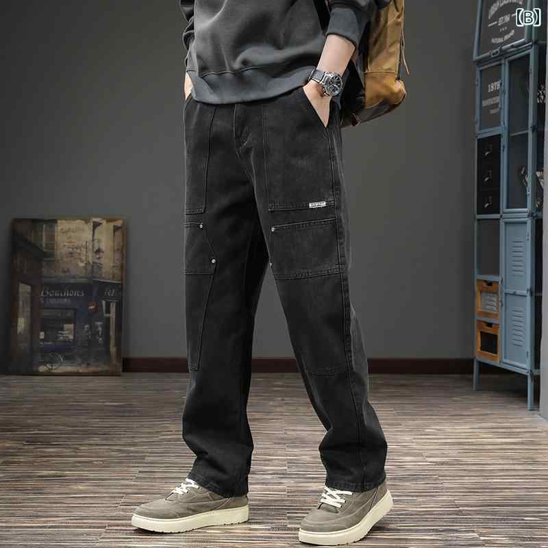 メンズ デニム ロングパンツ 大きめサイズ ストレート ワイド アメリカン ストリート おしゃれ かっこいい 履きやい 快適 イベント フェス レジャー アウトドア キャンプ パフォーマンス ワーク 作業着