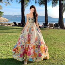 レディース 夏 リゾート ワンピース 海辺 写真撮影 衣装 美しい 女性 ロング スカート カラフル 崩れた 花 サスペンダー ストラップ ハイウエスト 休暇 ドレス