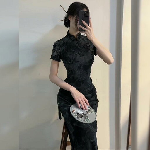 レディース ワンピース ドレス イブニング バースデー カクテル パーティー 中華風 チャイナ 若々しい ハイエンド スリム ブラック ジャカード レディース ワンピース ドレス イブニング バースデー カクテル パーティー 中華風 チャイナ 若々しい ハイエンド スリム ブラック ジャカード