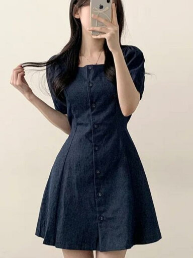 レディース 夏 ワンピース かわいい サマー ワンピ 韓国 シック 若々しい 女性 フレンチ レトロ スクエアネック ミドル丈 デニム ドレス レディース 夏 ワンピース かわいい サマー ワンピ 韓国 シック 若々しい 女性 フレンチ レトロ スクエアネック ミドル丈 デニム ドレス