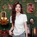 レディース 夏 カジュアル T シャツ 半袖 マザーズ 婦人服 おしゃれ 普段使い 中華風 バックル レトロ 白 t 女性 スリム ラウンドネック 中国 トップ...