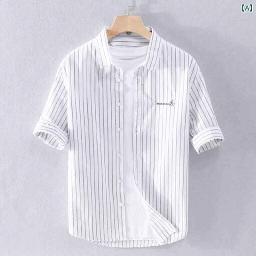 メンズ 夏 カジュアル トップス シャツ サマー 四分袖 縦縞 フレッシュ ゆったり 綿 刺繍入り 半袖 メンズ 夏 カジュアル トップス シャツ サマー 四分袖 縦縞 フレッシュ ゆったり 綿 刺繍入り 半袖