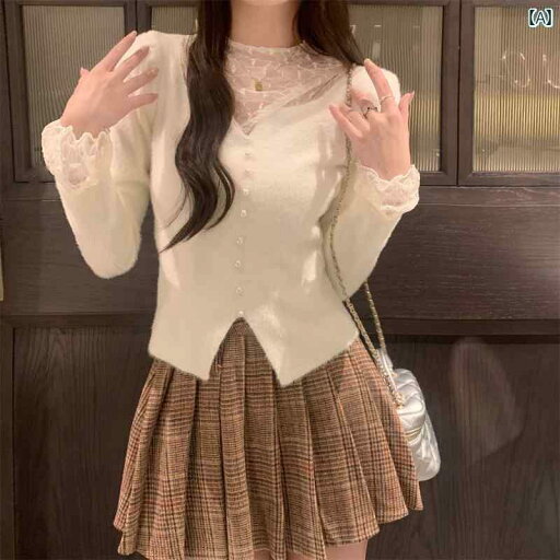 レディース ファッション 韓国 ファー レース フェイク ツーピース ニット レイヤリング シャツ 女性 春秋 スリム セーター レディース ファッション 韓国 ファー レース フェイク ツーピース ニット レイヤリング シャツ 女性 春秋 スリム セーター