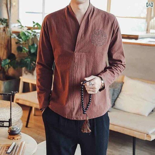 メンズ 中華風 刺繍 綿 リネン V ネック 長袖 T シャツ トップス レトロ メンズ 中華風 刺繍 綿 リネン V ネック 長袖 T シャツ トップス レトロ
