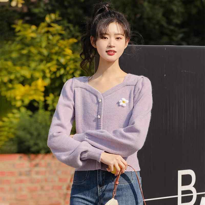 レディース ファッション 春秋 紫 スクエアネック フラワー 長袖 セーター 女性 ガーリー カレッジ ショート カーディガン セーター(4)
