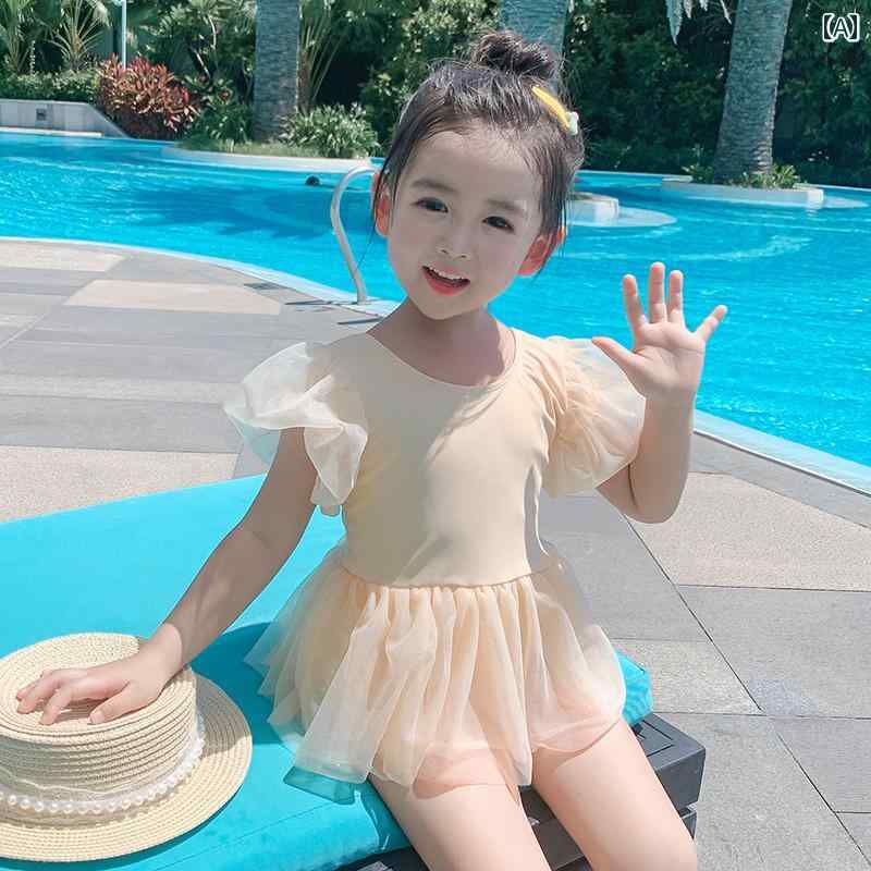 子供 水着 女の子 ワンピース かわいい フリルスカート フリル袖 女児 水泳 プール ピンク クリーム 70cm140cm 10kg40kg プリンセス プール リゾート バカンス(4)