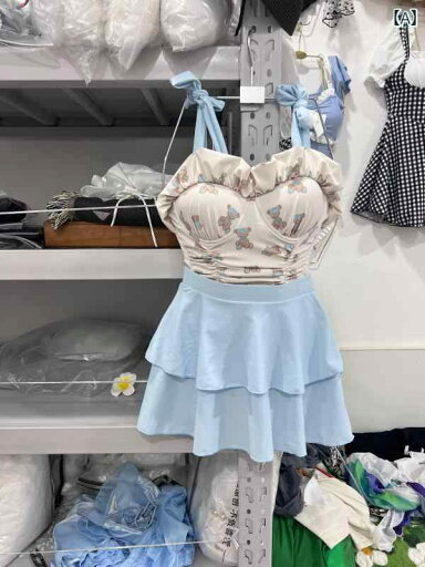 ベイビーブルー リトル レッド ブック ベア プリント ワンピース 水着 さわやか 2点 セット レトロ感 ティーンエイジャー ベイビーブルー リトル レッド ブック ベア プリント ワンピース 水着 さわやか 2点 セット レトロ感 ティーンエイジャー