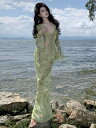 リゾート ファッション フレンチ シフォン 花柄 レースアップ ヒップ カバー お姫様 スタイリッシュ ガール 休暇 海辺 セットアップ スカート スーツ ワンピース(4)