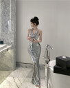 イブニング ドレス お姫様 パーティー ディナー シルバー スパンコール キラキラ ミニ ドレス バックレス ホルターネック 花嫁 ブライズメイド ドレス ワンピース