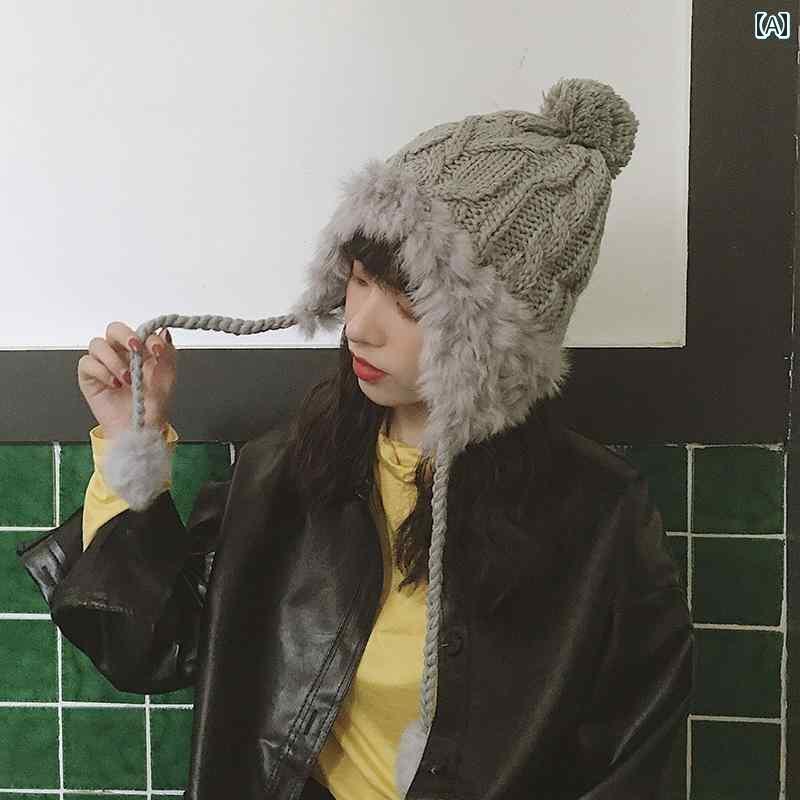 レディース 帽子 ウサギ 毛 耳保護 裏起毛 ロシア 冬 かわいい ボール 暖かい ニット 厚い 秋(4)