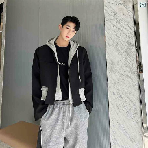 メンズ フェイク ツーピース ジャケット 春秋 フード付き 韓国 黒 グレー 配色 トップス メンズ フェイク ツーピース ジャケット 春秋 フード付き 韓国 黒 グレー 配色 トップス