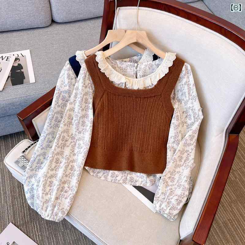 レディース 秋 レトロ ベスト ニット フリル 花柄 シフォンシャツ 爽やか