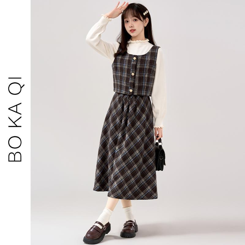 シャツ スカート レディース ファッション 秋冬 チェック柄 ベスト ニット レイヤリング 女性 ガーリー カレッジ ミドル丈