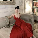レディース フレンチロングドレス レトロ Vネック バックレス プリーツ レッド セレモニー イベント 祝賀 結婚式 夜 ナイト クラブ ラウンジ シンプル エレガント 上品 ウエスト細見えデ 美シルエット