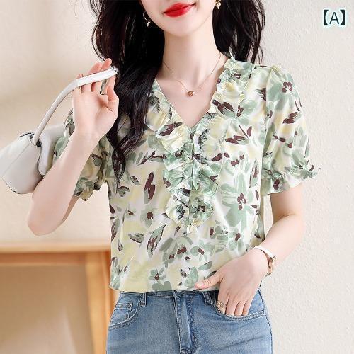 レディース 夏 ファッション トップス シャツ ブラウス おしゃれ 上品 マザーズ 婦人服 普段使い シフォン 半袖 V ネック フリル パターン レディース 夏 ファッション トップス シャツ ブラウス おしゃれ 上品 マザーズ 婦人服 普段使い シフォン 半袖 V ネック フリル パターン