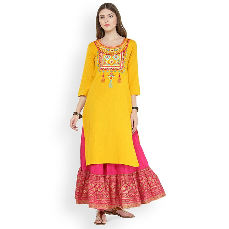 パンジャビドレス インド 民族衣装 インド レディース レトロ 黄 刺繍 綿 伝統 エスニック 七分袖 芸術 トップス スカート 民族 エレガントのサムネイル