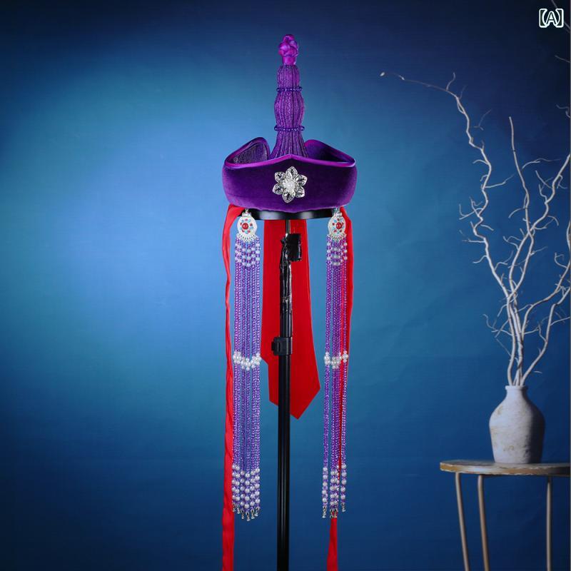 帽子 ハット モンゴル 紫 ゴージャス 民族 衣装 フリーサイズ パフォーマンス パープル レトロ タッセル ビーズ