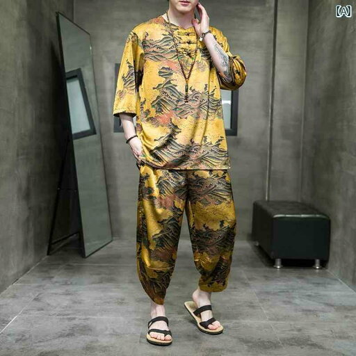 メンズ カジュアル 夏 カンフー服 ウェア 太極拳 スーツ 中華風 冷感 唐 レトロ プリント スタンドカラー シャツ セット 漢服 メンズ カジュアル 夏 カンフー服 ウェア 太極拳 スーツ 中華風 冷感 唐 レトロ プリント スタンドカラー シャツ セット 漢服