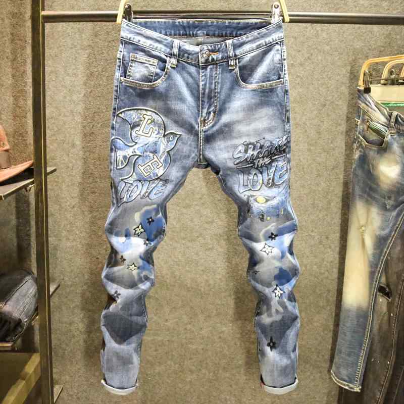 メンズ コットン ストレッチ デニム おしゃれ着 Gパン カジュアル ジーンズ スリムフィット ストレッチ パンツ グラフィック テキスト プリント ストリート パンツ