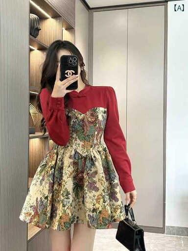 レディース フランス 宮宮殿風水墨画 ジャカード スプライシング ドレス 早春 ショート スカート 娘 レディース フランス 宮宮殿風水墨画 ジャカード スプライシング ドレス 早春 ショート スカート 娘