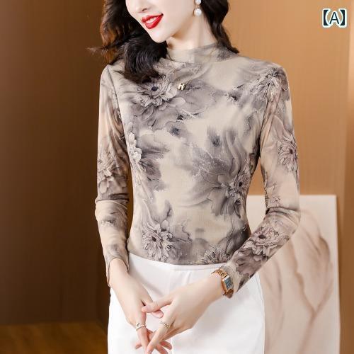 レディース トップス マザーズ 婦人服 普段使い 女性用 ハーフ ハイネック ストレッチメッシュ 長袖 T シャツ 秋 エレガント インク プリント ウエスタン タイト レディース トップス マザーズ 婦人服 普段使い 女性用 ハーフ ハイネック ストレッチメッシュ 長袖 T シャツ 秋 エレガント インク プリント ウエスタン タイト