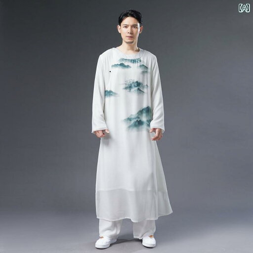 メンズ 中華風 明朝 レトロ 漢服 ホワイト シフォンプリント アンティーク ガウン パフォーマンス 服 斜め ブレスト ローブ メンズ 中華風 明朝 レトロ 漢服 ホワイト シフォンプリント アンティーク ガウン パフォーマンス 服 斜め ブレスト ローブ