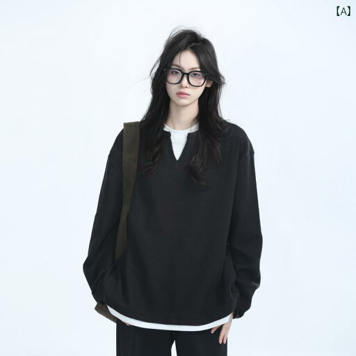 ユニセックス トップス レディース メンズ 韓国 重ね着風 ストリート シンプル 長袖 Vネック プルオーバー 秋 ブラック グレー オーバーサイズ ファッション スウェット コーディネート ユニセックス トップス レディース メンズ 韓国 重ね着風 ストリート シンプル 長袖 Vネック プルオーバー 秋 ブラック グレー オーバーサイズ ファッション スウェット コーディネート