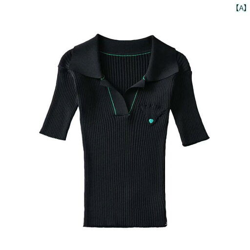 トップス レディース ファッション 半袖 弾性 カラー 糸 ニット Tシャツ ハイウエスト 糸 スリム スタイリッシュ ガール ボタン 装飾 小さい トップス レディース ファッション 半袖 弾性 カラー 糸 ニット Tシャツ ハイウエスト 糸 スリム スタイリッシュ ガール ボタン 装飾 小さい