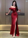 ドレス スカート パーティー レディース フレンチ 風 レディライク パーティー イブニングドレス ワンショルダー チューブ トップ ハイスリット ヒップ カバー ロング お姫様 風