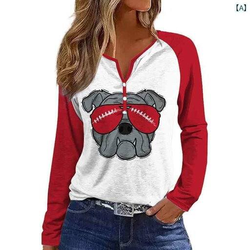 シャツ トップス レディース カジュアル アメリカ 犬 プリント 長袖 Tシャツ 女性 初秋 薄手 Vネック コントラスト ラグランシャツ 女性 シャツ トップス レディース カジュアル アメリカ 犬 プリント 長袖 Tシャツ 女性 初秋 薄手 Vネック コントラスト ラグランシャツ 女性