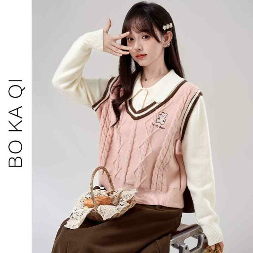 レディース ファッション 春秋 ピンク ポロ カラー フェイク ツーピース セーター 女性用 カレッジ 優しい ショート セーター レディース ファッション 春秋 ピンク ポロ カラー フェイク ツーピース セーター 女性用 カレッジ 優しい ショート セーター