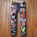メンズ ジーンズ ジーパン 刺繍 ワッペン 若年層 メンズ アメリカン ストリート ペイント パンク オルタナティブ カジュアル スモール ストレート パンツ
