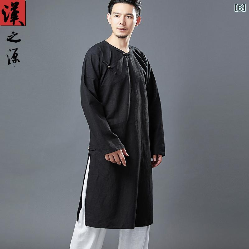 チャイナ風 丈 ガウン ラウンドネック スラント 漢服 銅 バックル レトロ メンズ リネン 瞑想茶道 スーツ トップス