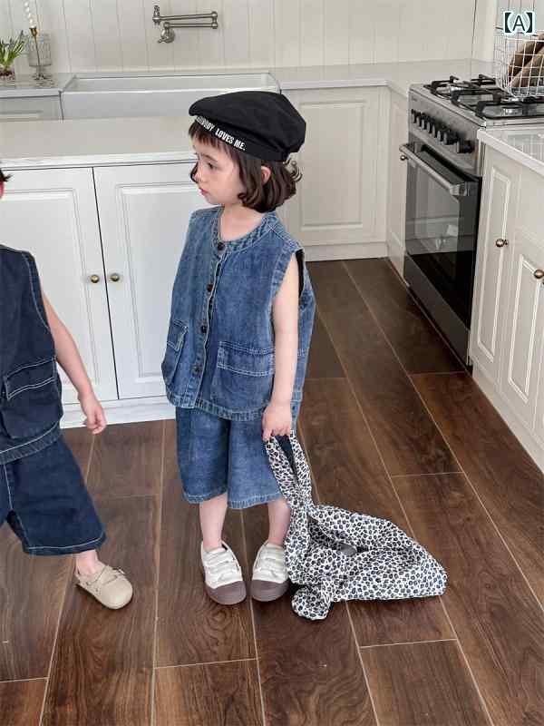 子供服 男の子 女の子用 子供用 スーツ 夏用 デニム ノースリーブ ベスト ショーツ 2点 セット ベビー レトロ スタイル カジュアル サマーウェア