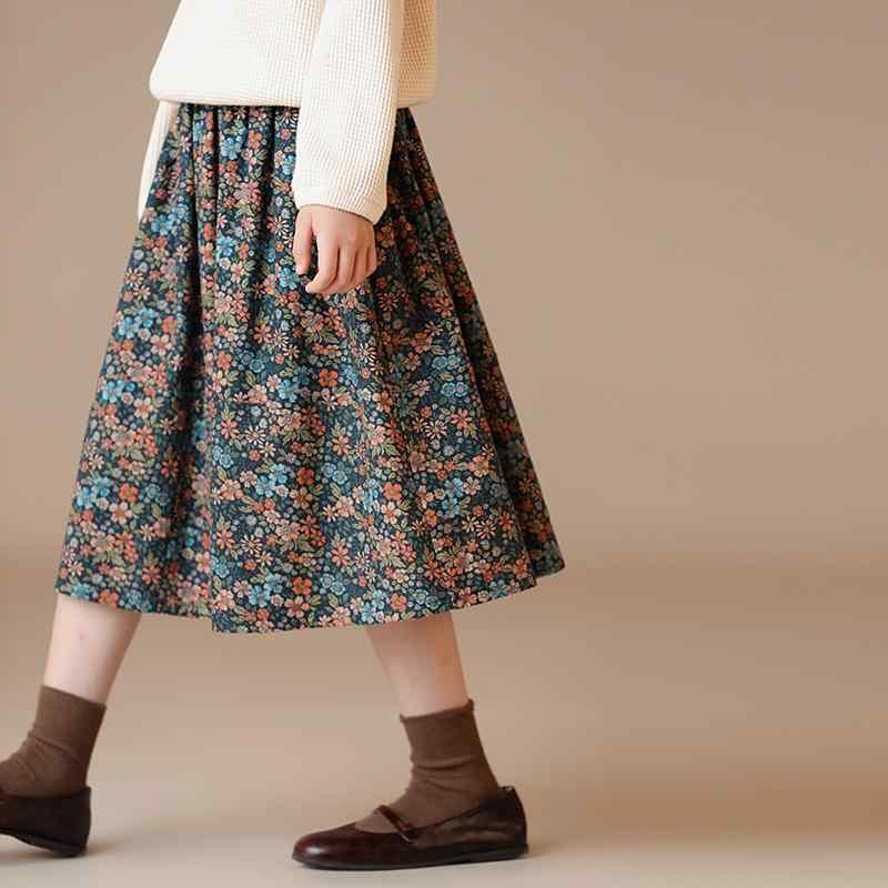 楽天カラフル365マーケットスカート 子供服 ボトムス ナチュラル 普段着 キッズ 秋 親子 スタイル 女の子 森 スタイル レトロ 油絵 花柄 ポケット 弾性 ウエスト 多目的