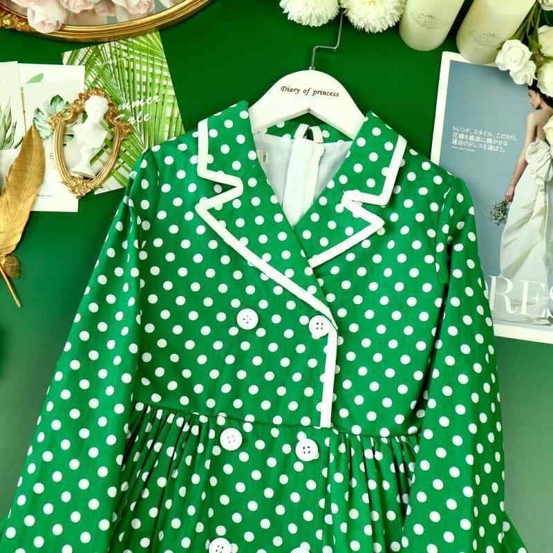 楽天カラフル365マーケットドレス ワンピース かわいい キッズ ファッション 子供服 女の子 春秋服 レトロ 水玉 長袖 グリーン コットン フレンチスタイル ダブルブレスト