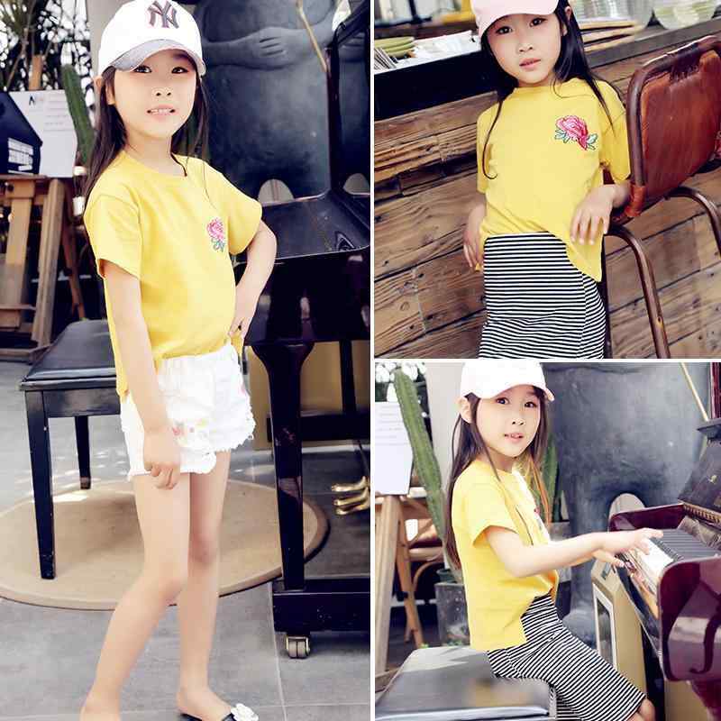 楽天カラフル365マーケットトップス キッズ ファッション 子供 夏服 カジュアル ラウンドネック 韓国 スタイル 女の子 花 刺繍 半袖 Tシャツ 女の子 綿