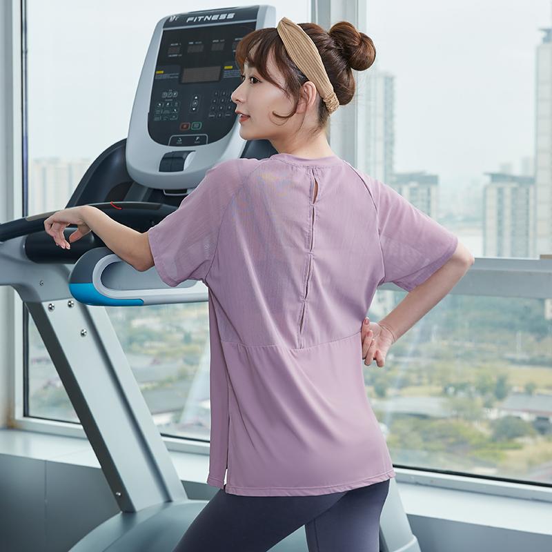 レディース スポーツ フィットネス トレーニング ウェア ジム ファッション レディース ネット 半袖 Tシャツ ヨガ スリム ランニング 速乾 トップス(4)