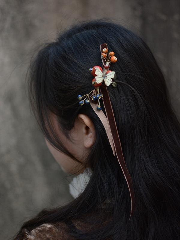 レディース ヘアアクセサリー ジュエリー ティー フルーツ ウッド バタフライ レトロ フォレスト セラミック ビーズ 起毛 ベルト エッジ クリップ フェアリー
